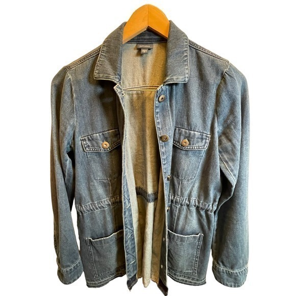 J.Jill Denim Button Up Western Denim Jacket Drawstring Waist & Fringe Raw Hem - Picture 3 of 12